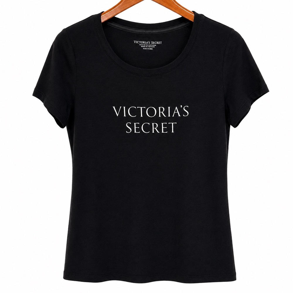 Victoria's Secret Black Logo T-Shirt Women Medium Short Sleeve Scoop Neck
